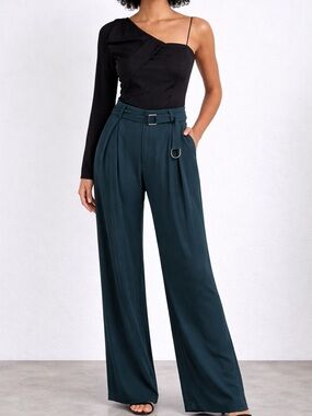 Liu Jo Dark Teal High-Waist Wide-Leg Trousers – Elegant Belted Dress Pants US 12